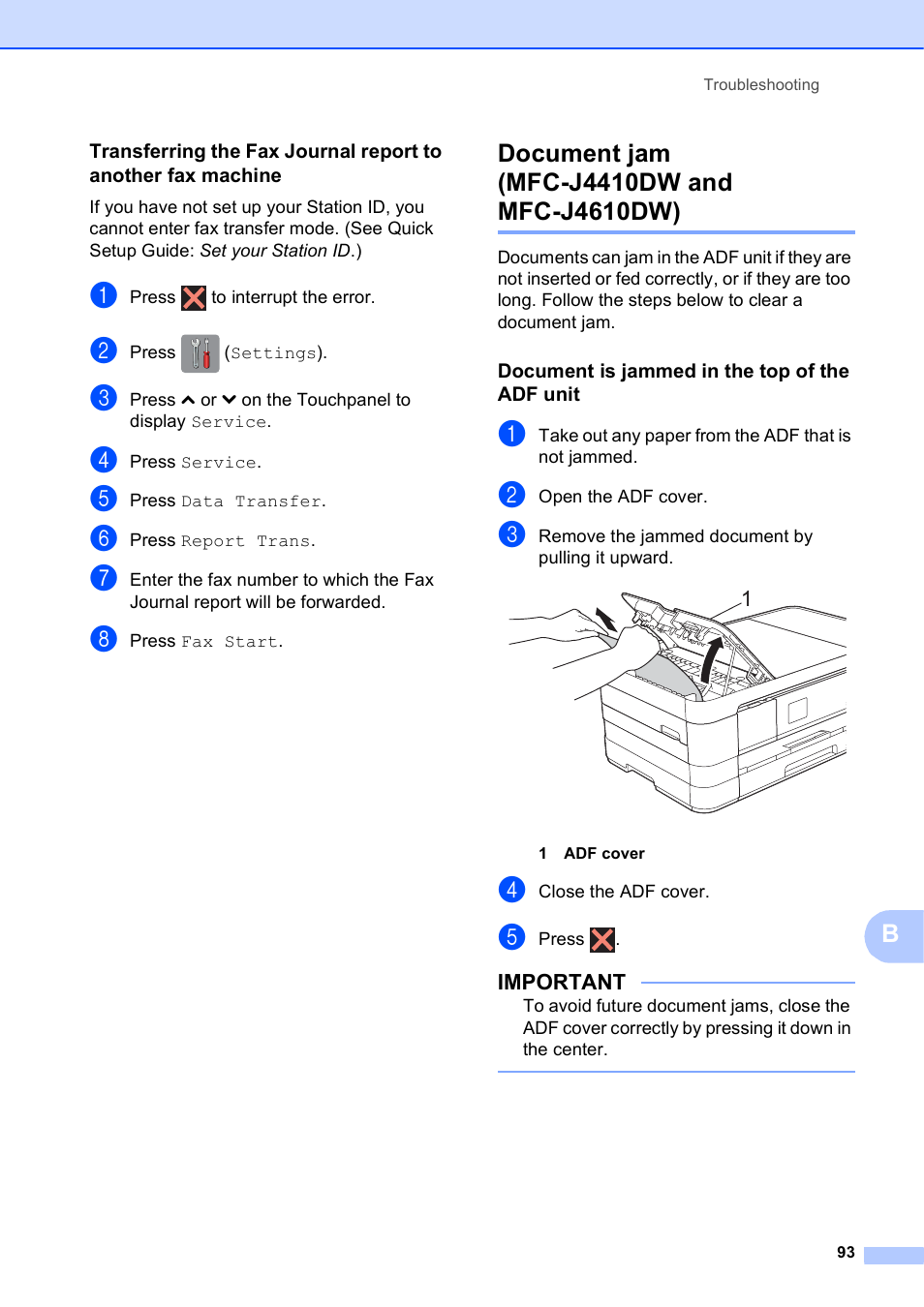 Document jam (mfc-j4410dw and mfc-j4610dw), Document is jammed in the top of the adf unit | Brother MFC-J4610DW User Manual | Page 107 / 186
