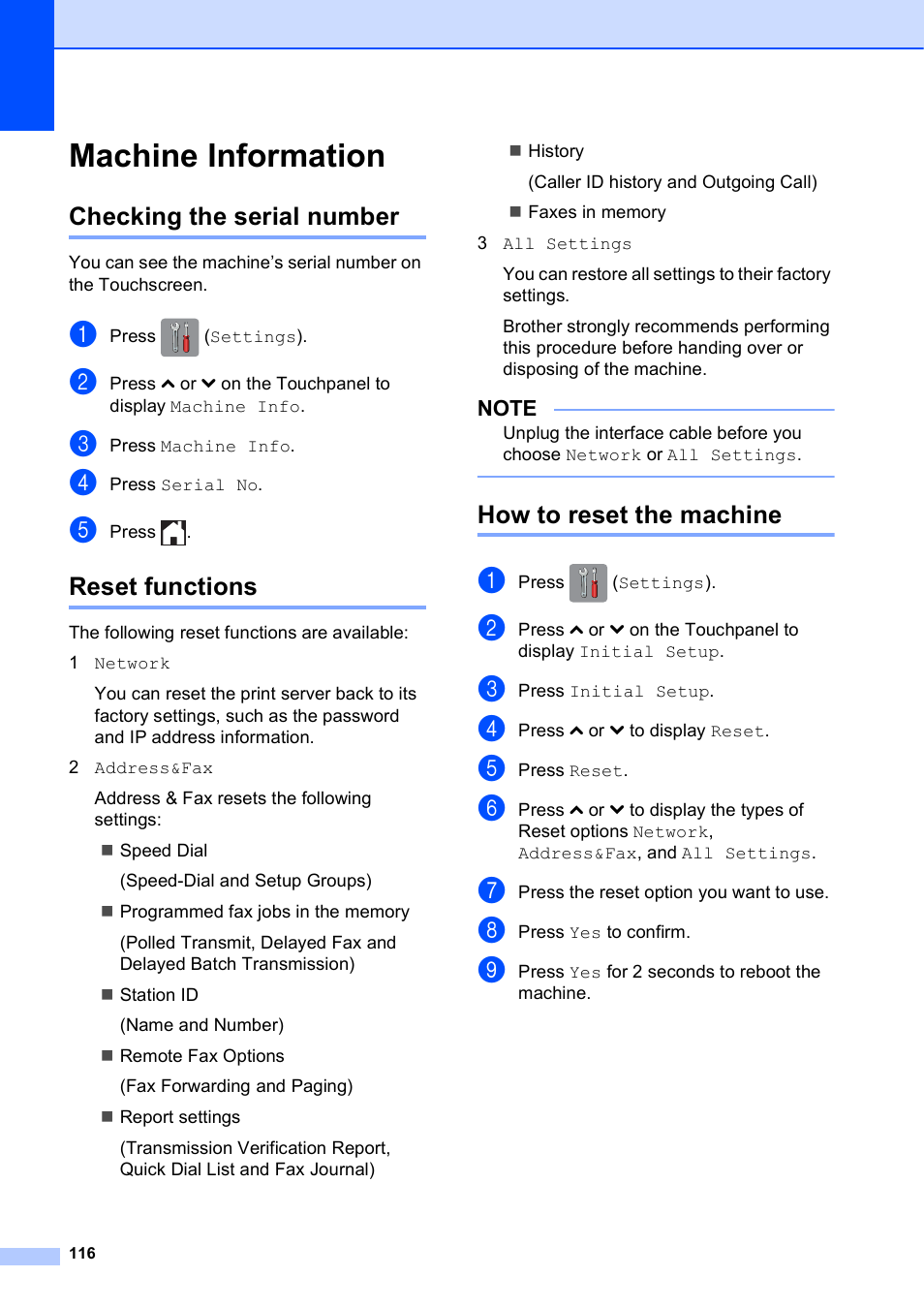 Machine information, Checking the serial number, Reset functions | How to reset the machine | Brother MFC-J4610DW User Manual | Page 130 / 186