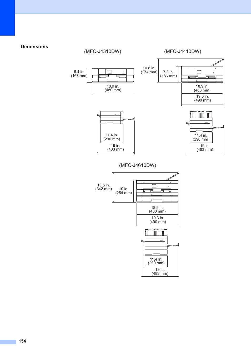 Dimensions | Brother MFC-J4610DW User Manual | Page 168 / 186