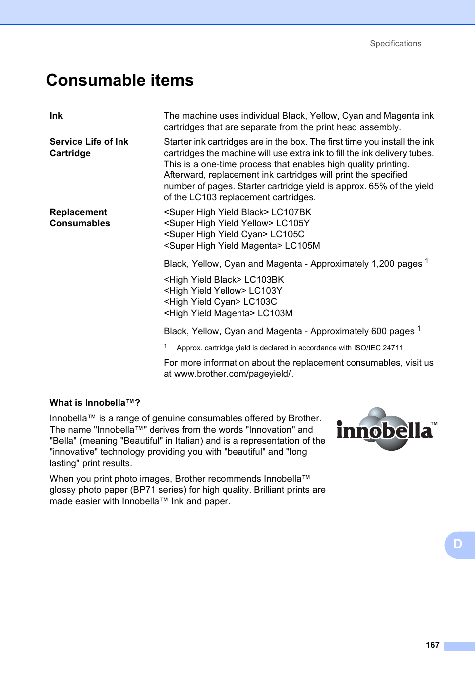 Consumable items | Brother MFC-J4610DW User Manual | Page 181 / 186