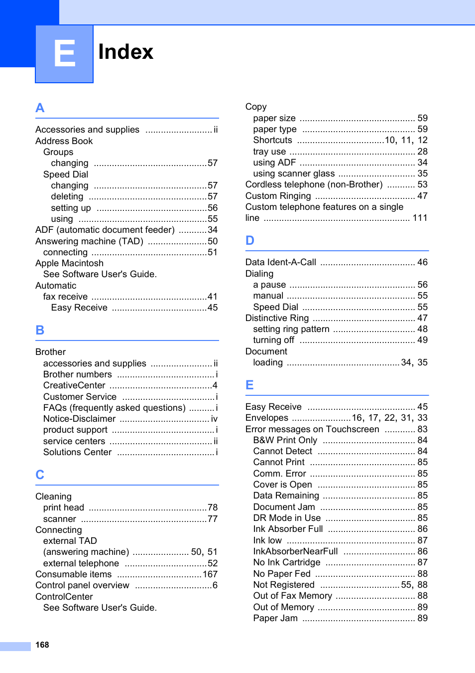 Index | Brother MFC-J4610DW User Manual | Page 182 / 186