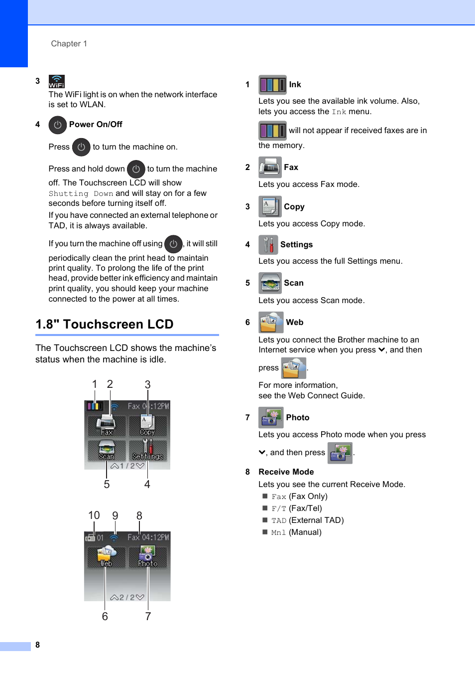 8" touchscreen lcd | Brother MFC-J4610DW User Manual | Page 22 / 186