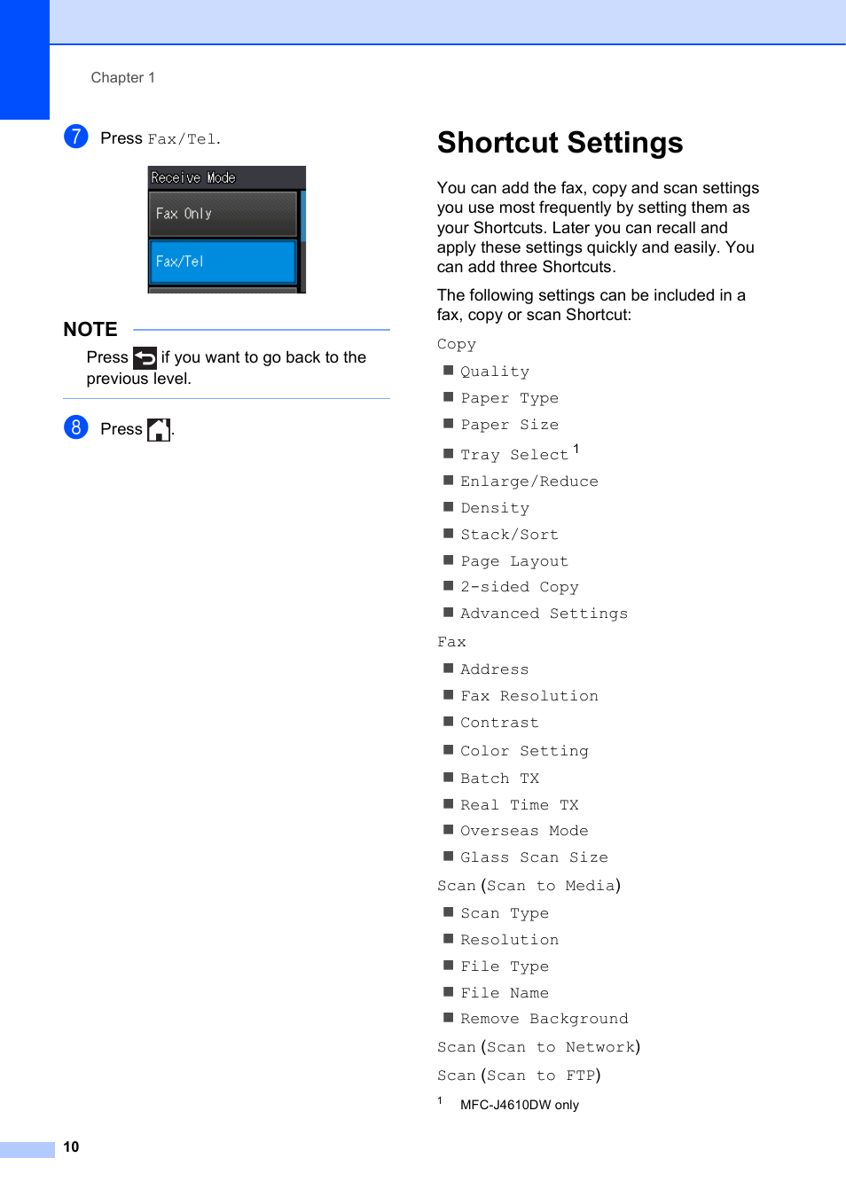 Shortcut settings | Brother MFC-J4610DW User Manual | Page 24 / 186