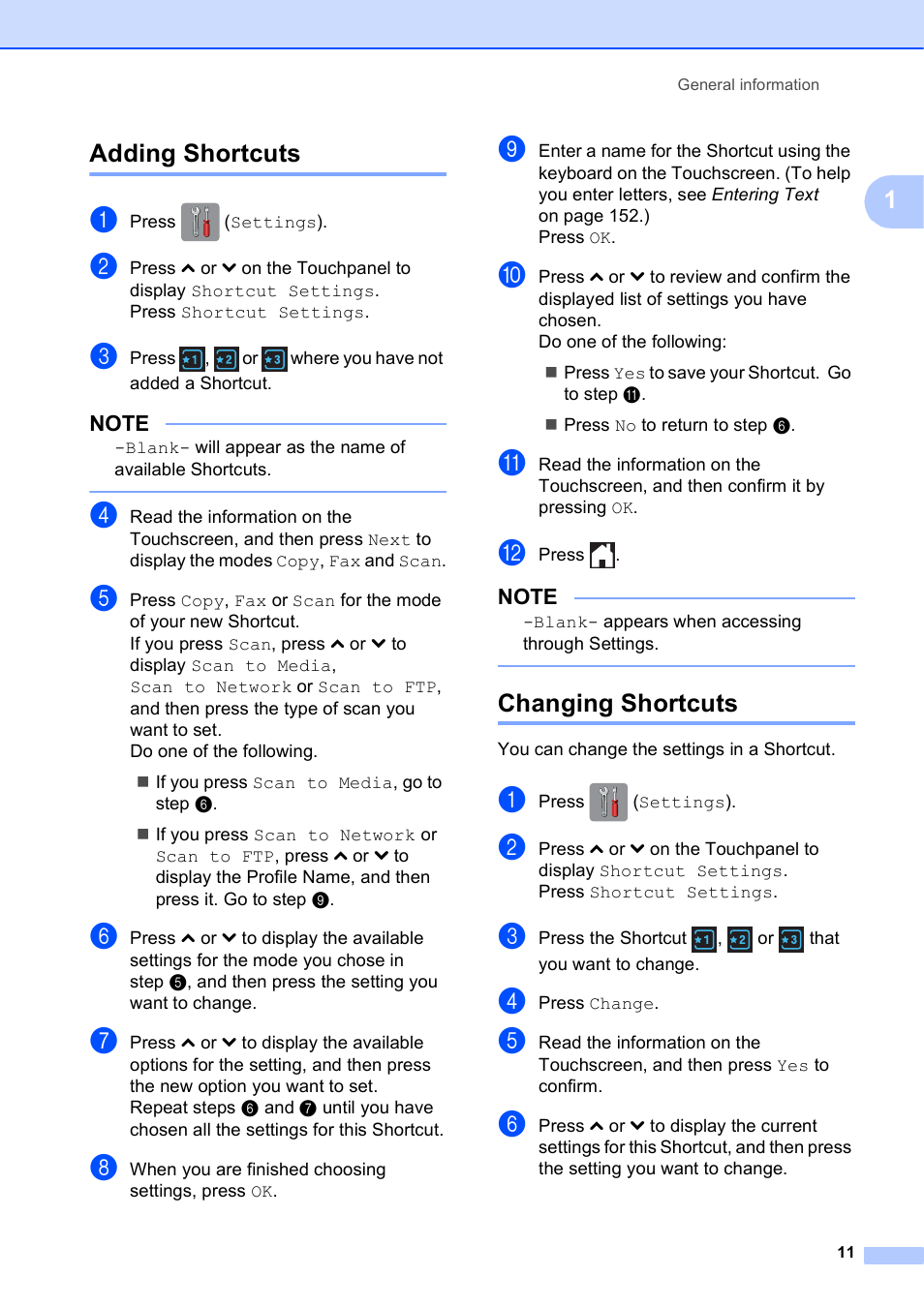 Adding shortcuts, Changing shortcuts, Adding shortcuts changing shortcuts | 1adding shortcuts | Brother MFC-J4610DW User Manual | Page 25 / 186