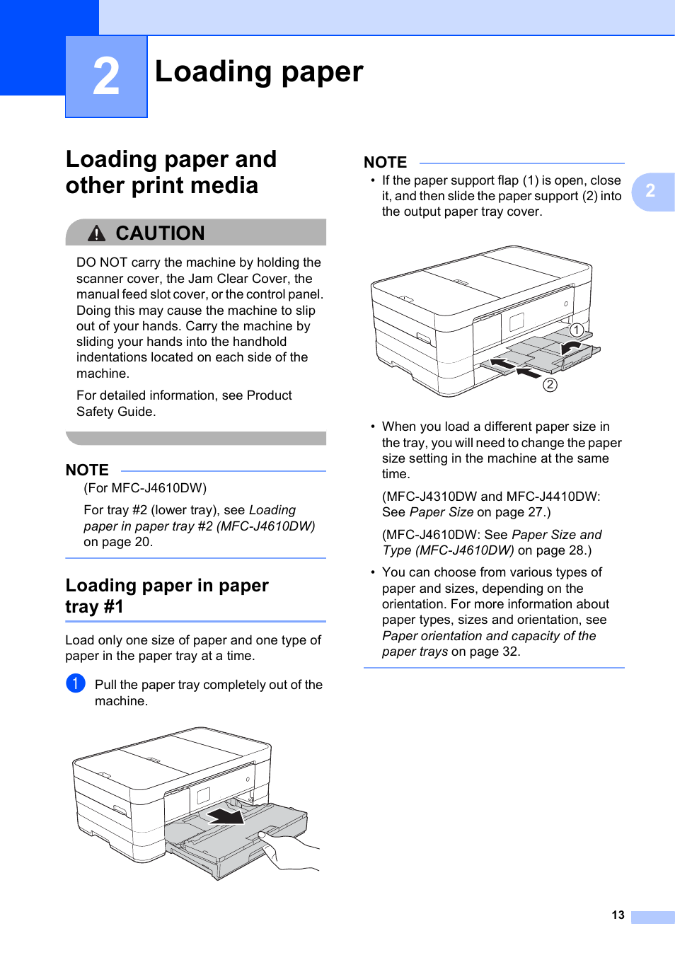 2 loading paper, Loading paper and other print media, Loading paper in paper tray #1 | Loading paper, Caution | Brother MFC-J4610DW User Manual | Page 27 / 186