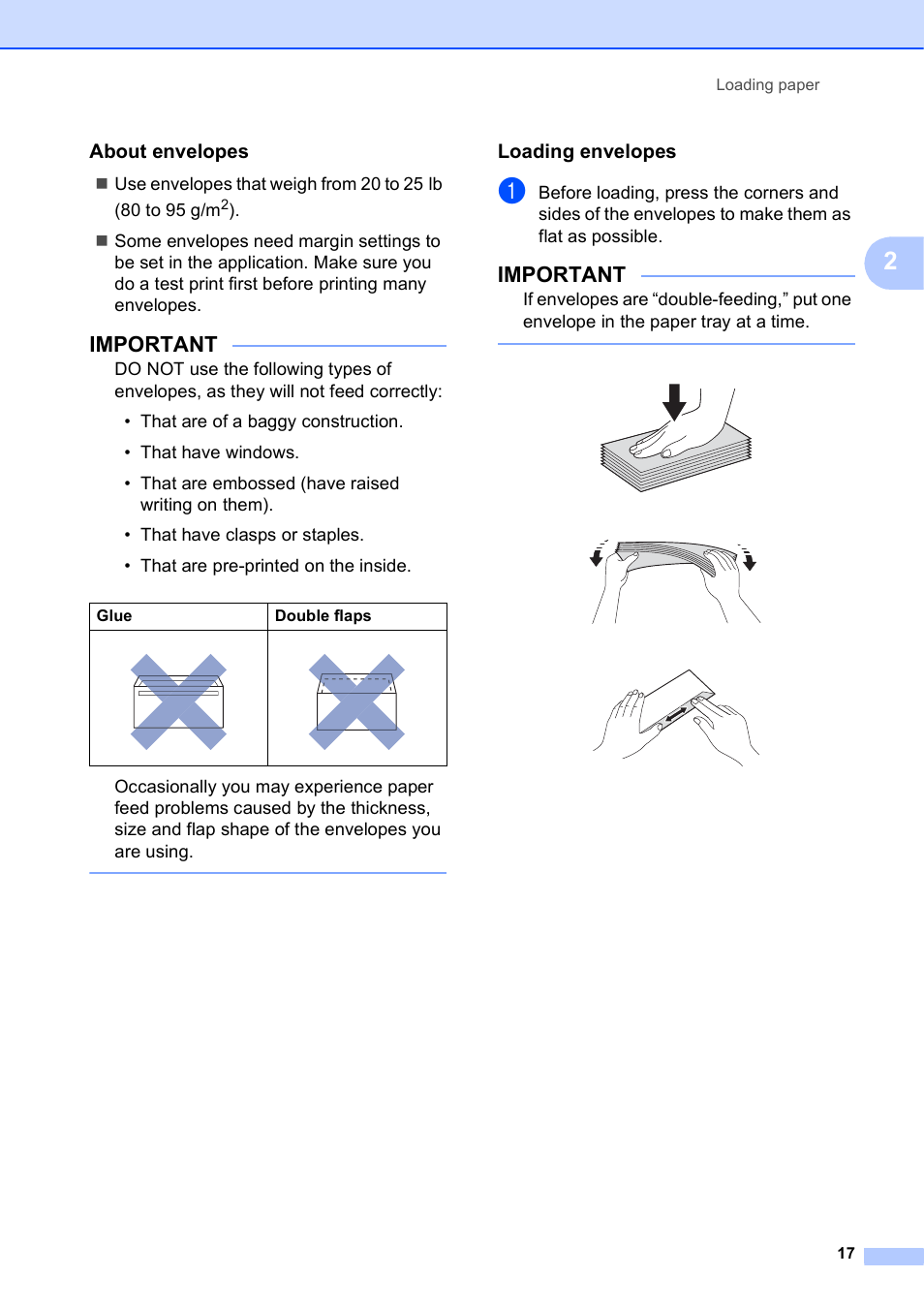 About envelopes, Loading envelopes, Important | Brother MFC-J4610DW User Manual | Page 31 / 186