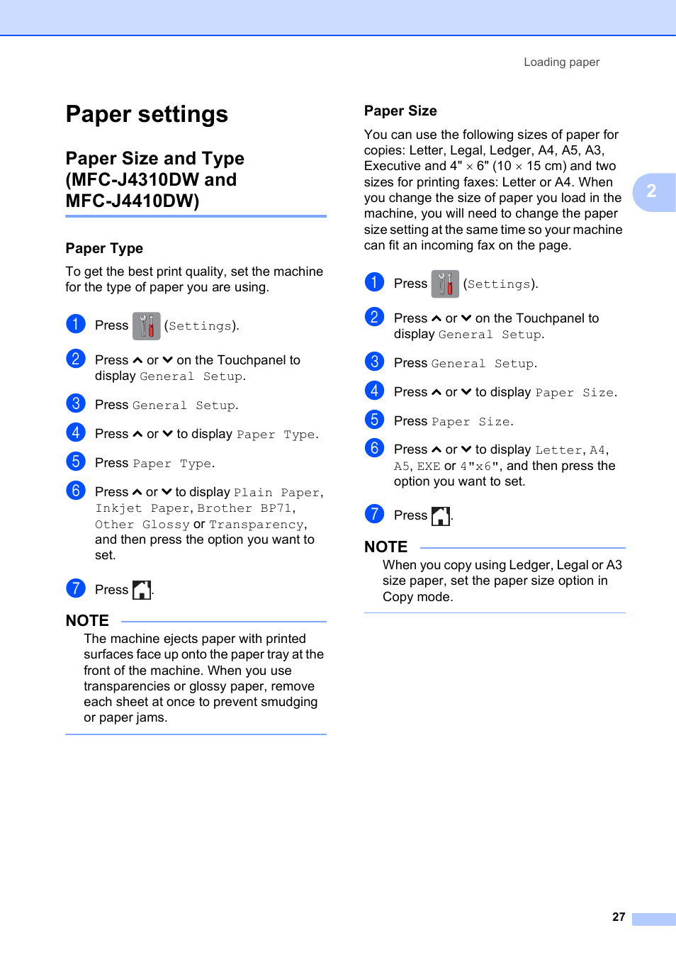 Paper settings, Paper size and type (mfc-j4310dw and mfc-j4410dw), Paper type | Paper size | Brother MFC-J4610DW User Manual | Page 41 / 186