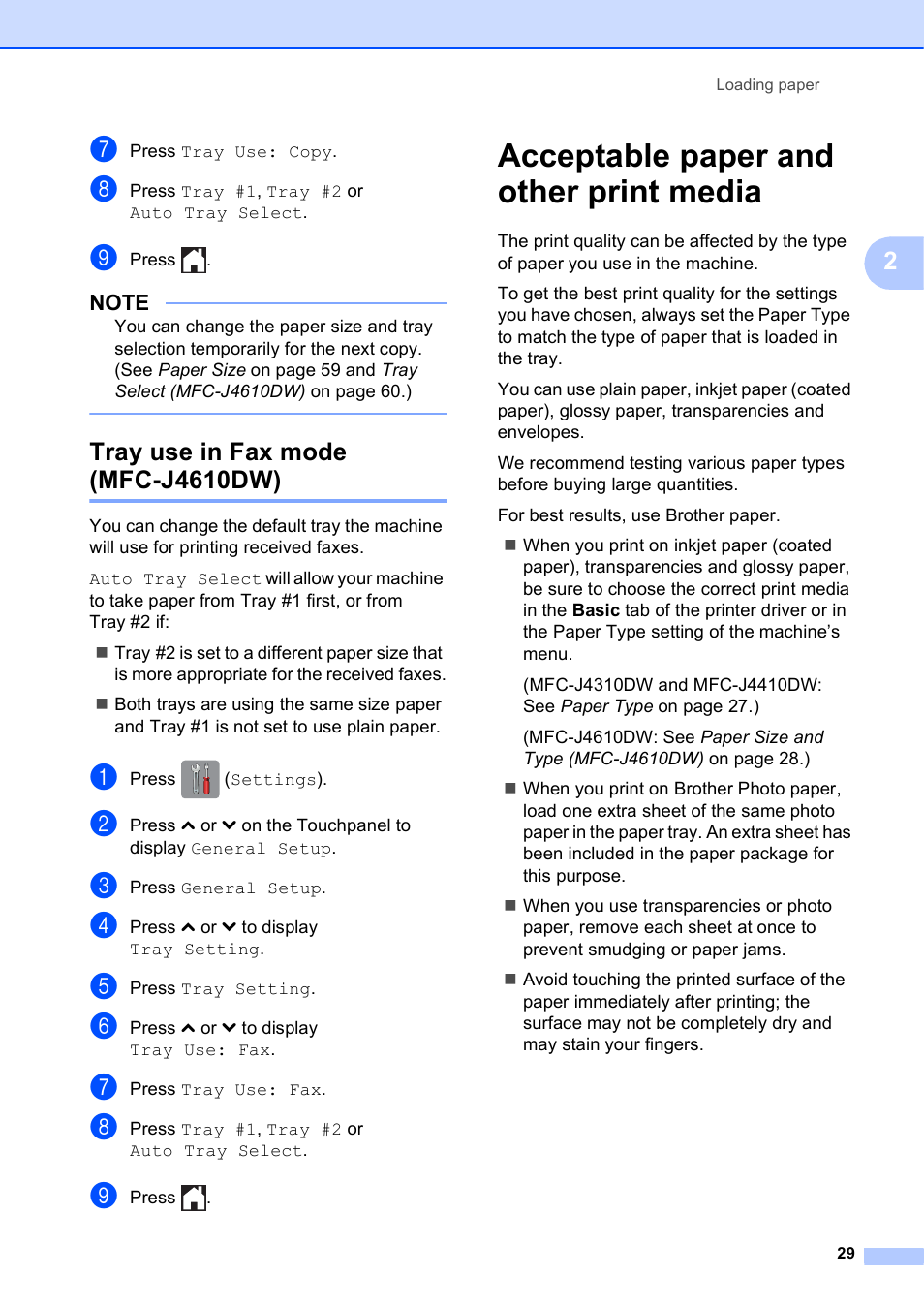Tray use in fax mode (mfc-j4610dw), Acceptable paper and other print media | Brother MFC-J4610DW User Manual | Page 43 / 186