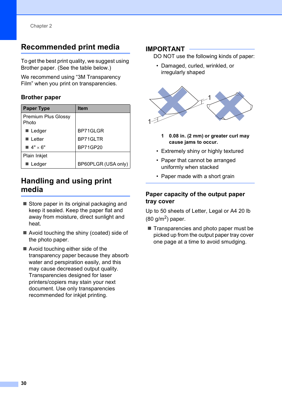 Recommended print media, Handling and using print media, Paper capacity of the output paper tray cover | Important, Brother paper | Brother MFC-J4610DW User Manual | Page 44 / 186