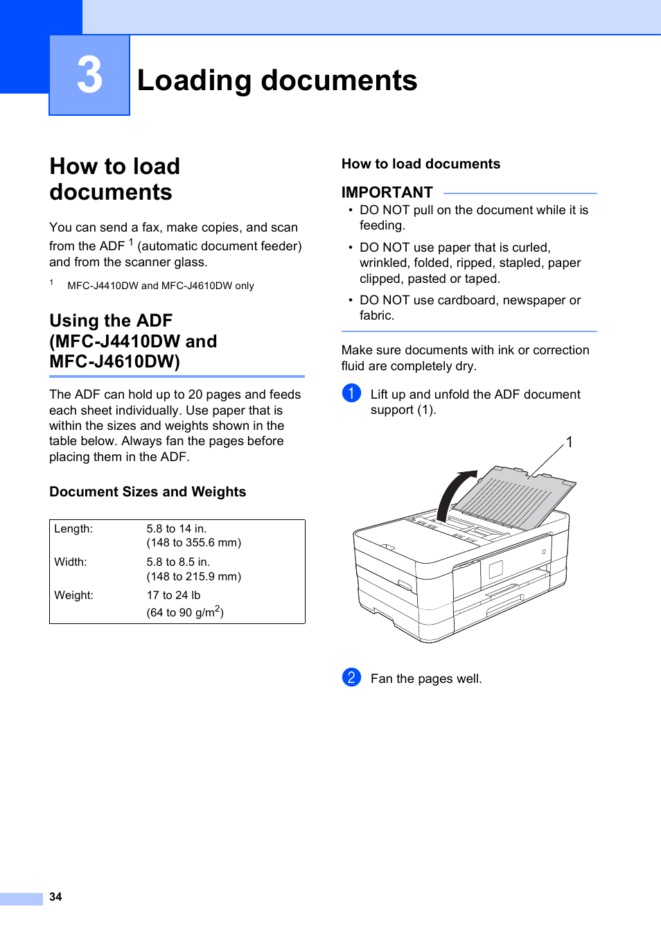 3 loading documents, How to load documents, Using the adf (mfc-j4410dw and mfc-j4610dw) | Document sizes and weights, Loading documents, Important | Brother MFC-J4610DW User Manual | Page 48 / 186