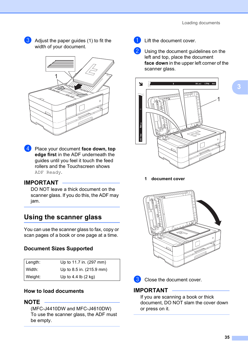 Using the scanner glass, Document sizes supported, How to load documents | Important | Brother MFC-J4610DW User Manual | Page 49 / 186