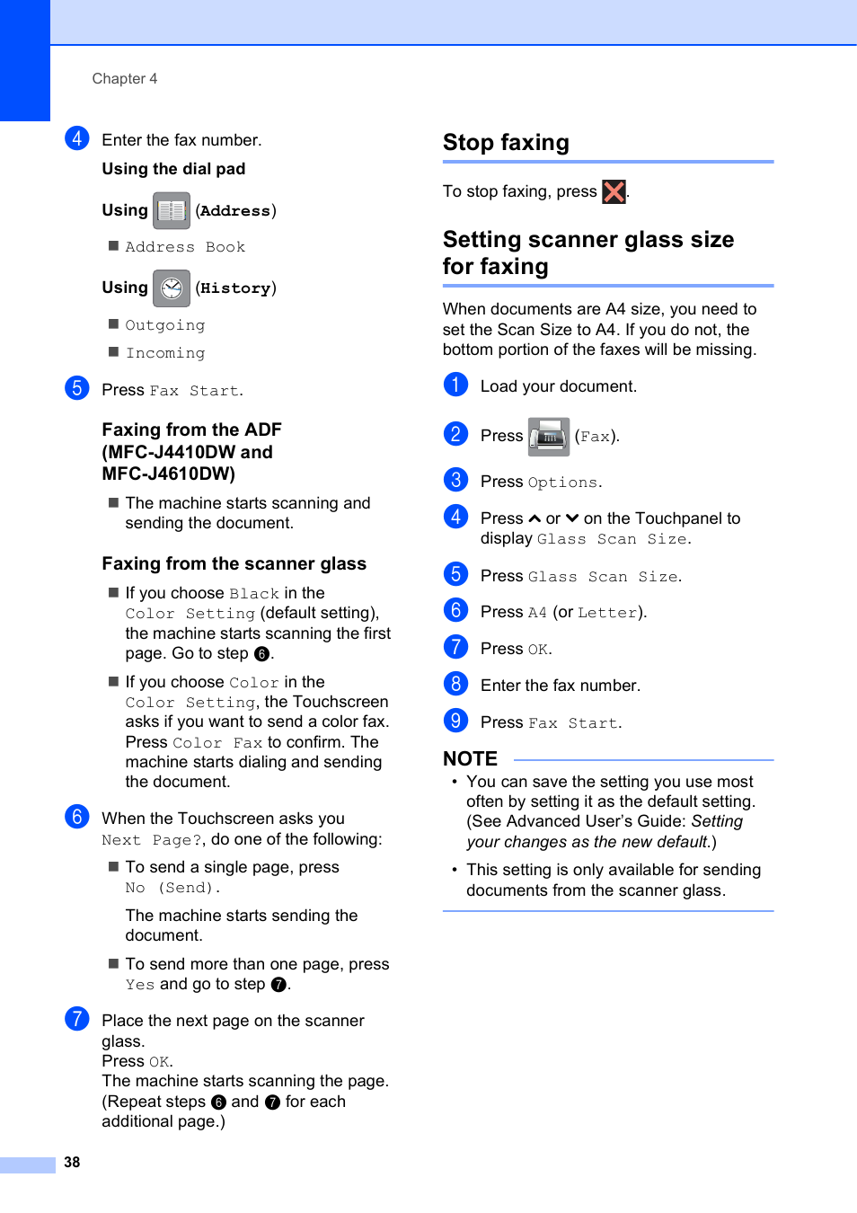 Stop faxing, Setting scanner glass size for faxing, Stop faxing setting scanner glass size for faxing | 38 t | Brother MFC-J4610DW User Manual | Page 52 / 186