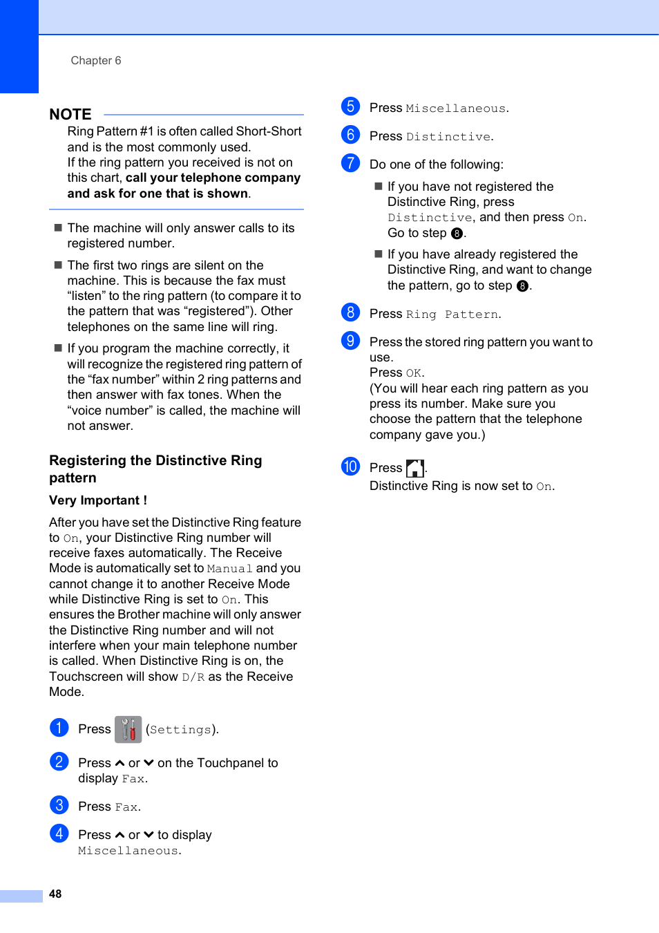 Registering the distinctive ring pattern | Brother MFC-J4610DW User Manual | Page 62 / 186