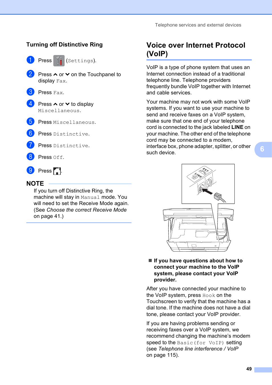 Turning off distinctive ring, Voice over internet protocol (voip) | Brother MFC-J4610DW User Manual | Page 63 / 186