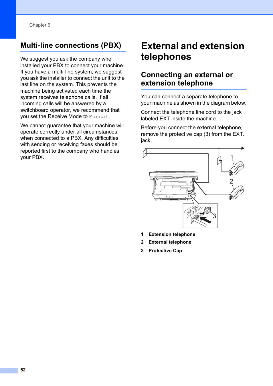 Multi-line connections (pbx), External and extension telephones, Connecting an external or extension telephone | Brother MFC-J4610DW User Manual | Page 66 / 186