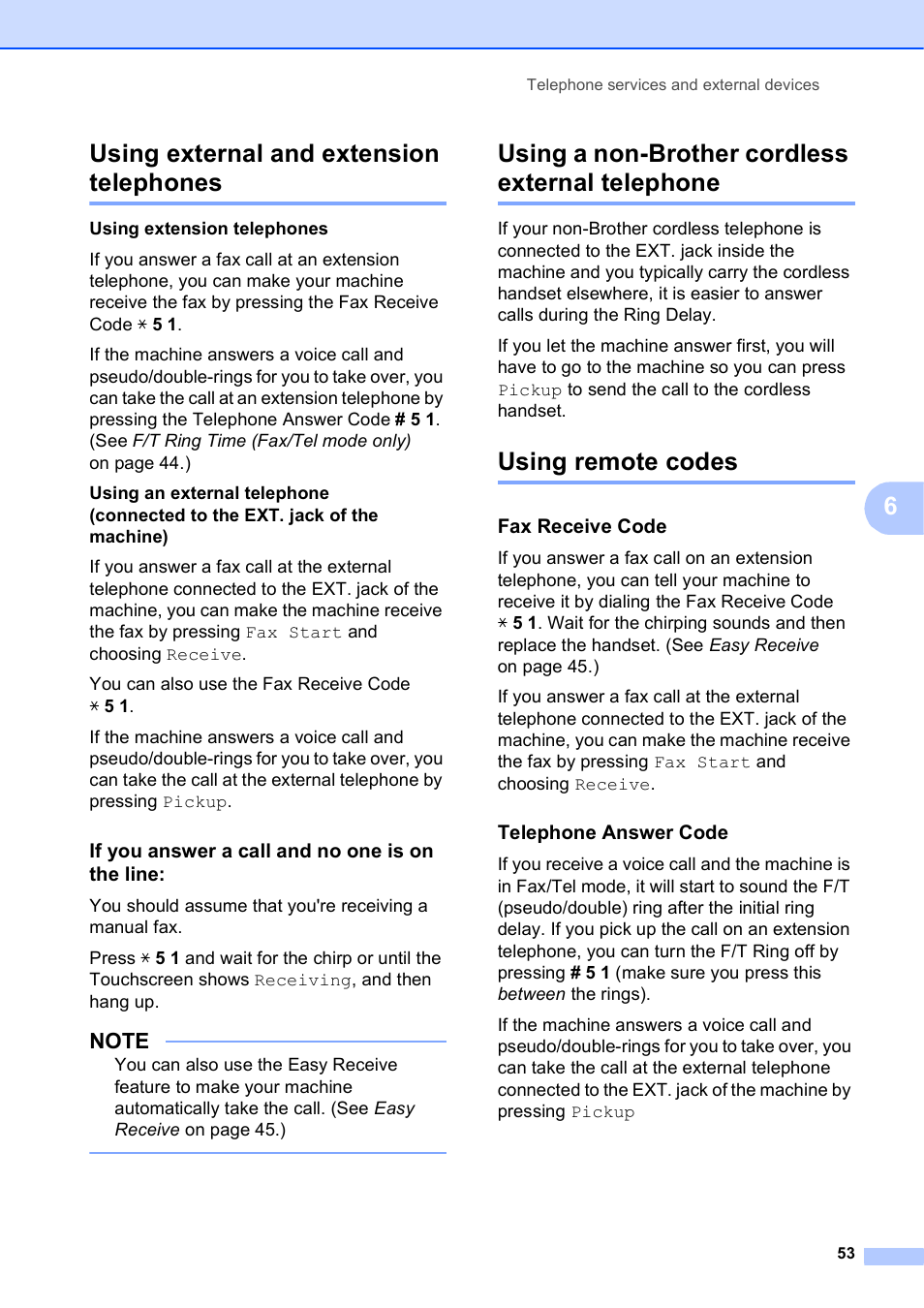 Using external and extension telephones, If you answer a call and no one is on the line, Using a non-brother cordless external telephone | Using remote codes, Fax receive code, Telephone answer code, 6using external and extension telephones | Brother MFC-J4610DW User Manual | Page 67 / 186