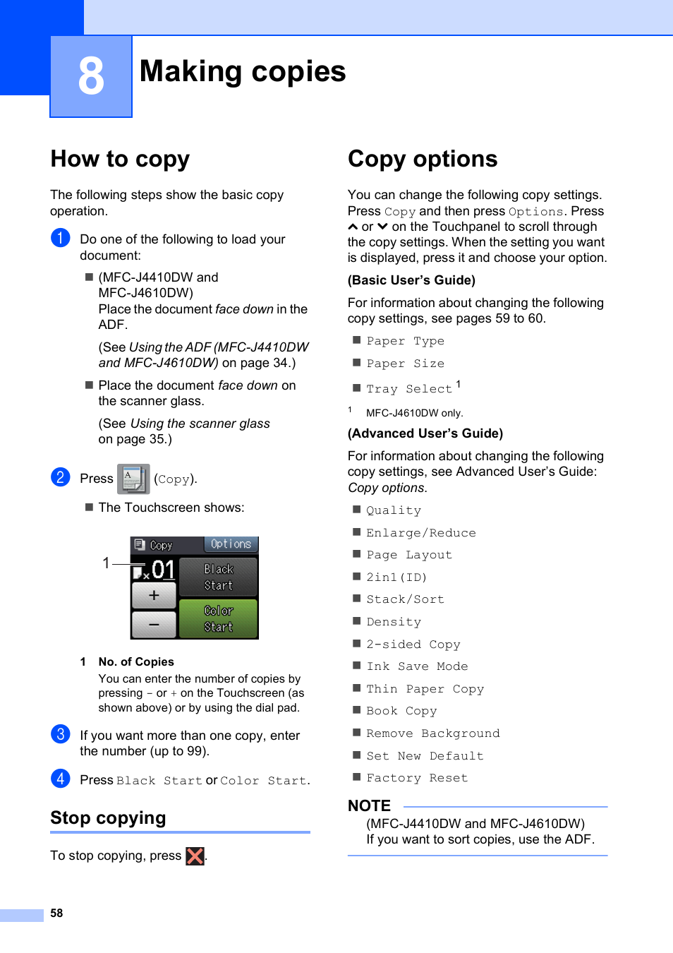 8 making copies, How to copy, Stop copying | Copy options, Making copies | Brother MFC-J4610DW User Manual | Page 72 / 186