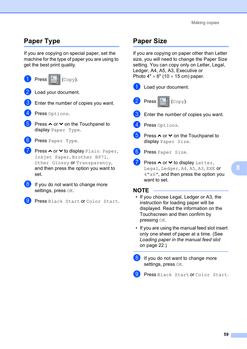 Paper type, Paper size, Paper type paper size | 8paper type | Brother MFC-J4610DW User Manual | Page 73 / 186