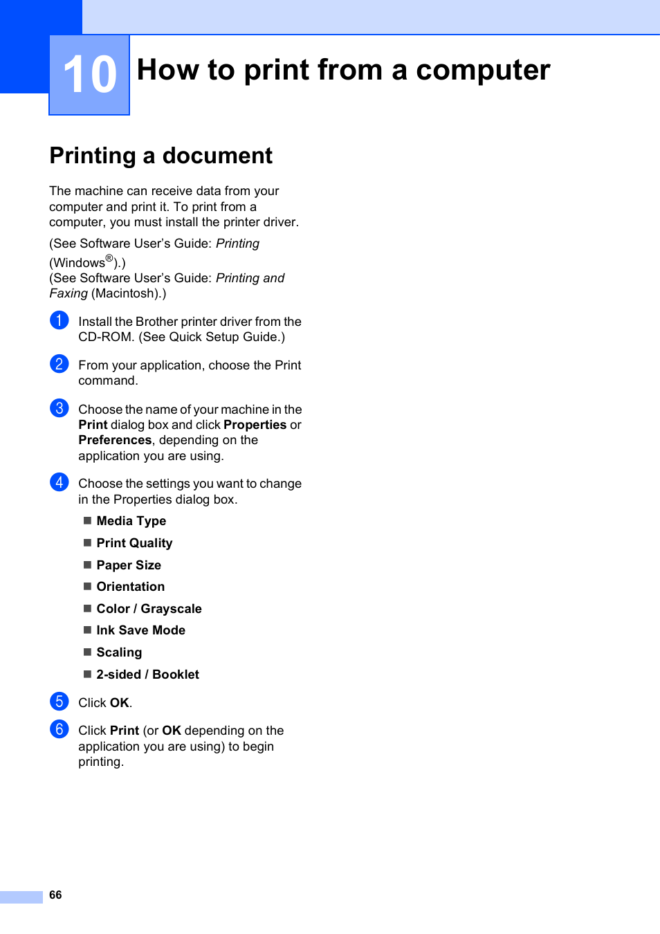 10 how to print from a computer, Printing a document, How to print from a computer | Brother MFC-J4610DW User Manual | Page 80 / 186