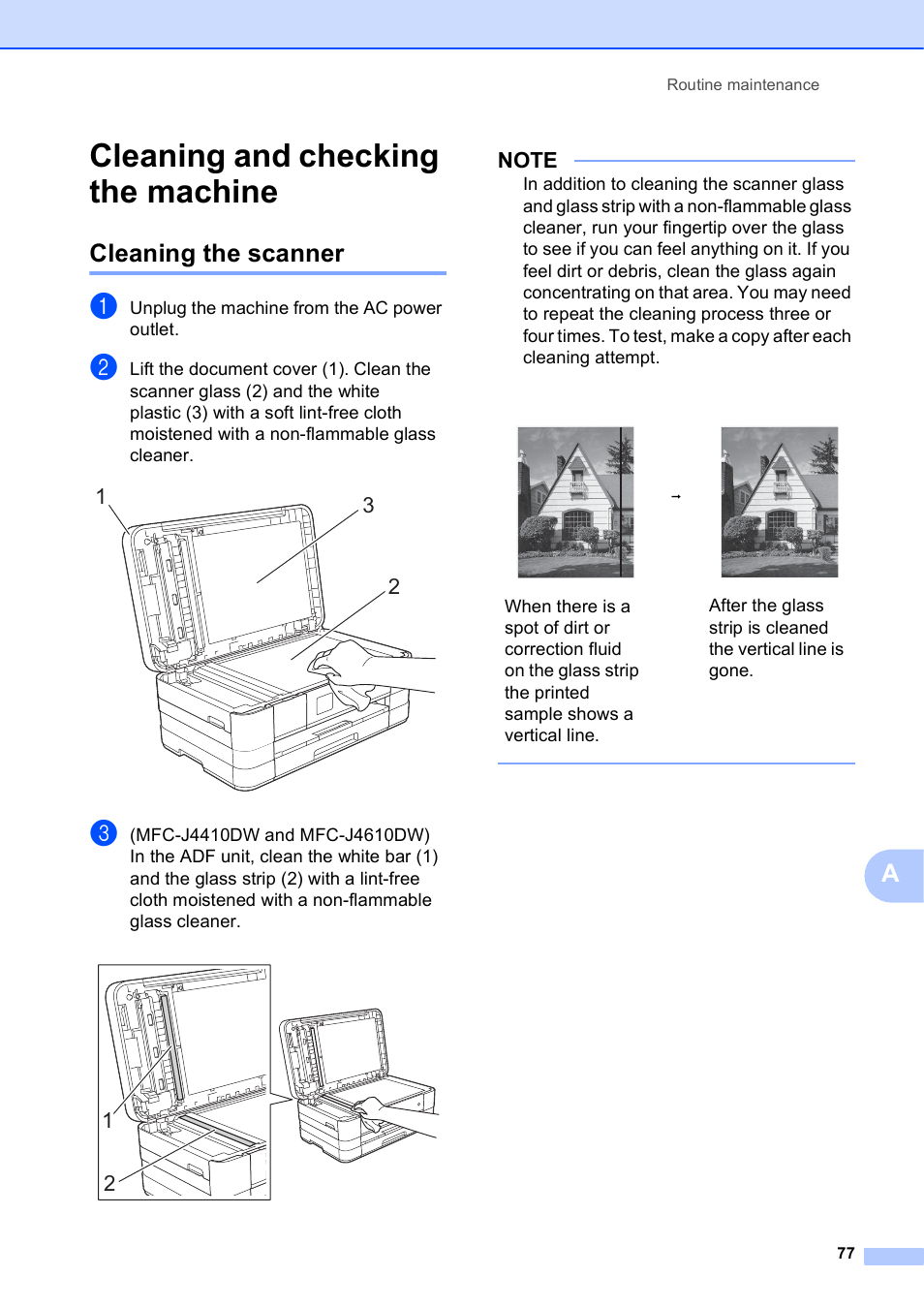 Cleaning and checking the machine, Cleaning the scanner | Brother MFC-J4610DW User Manual | Page 91 / 186