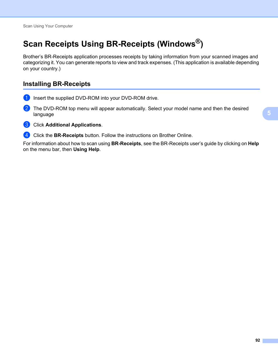 Scan receipts using br-receipts (windows®), Installing br-receipts, Scan receipts using br-receipts (windows | Eet (see scan receipts using br- receipts (windows | Brother ADS-1000W User Manual | Page 106 / 246