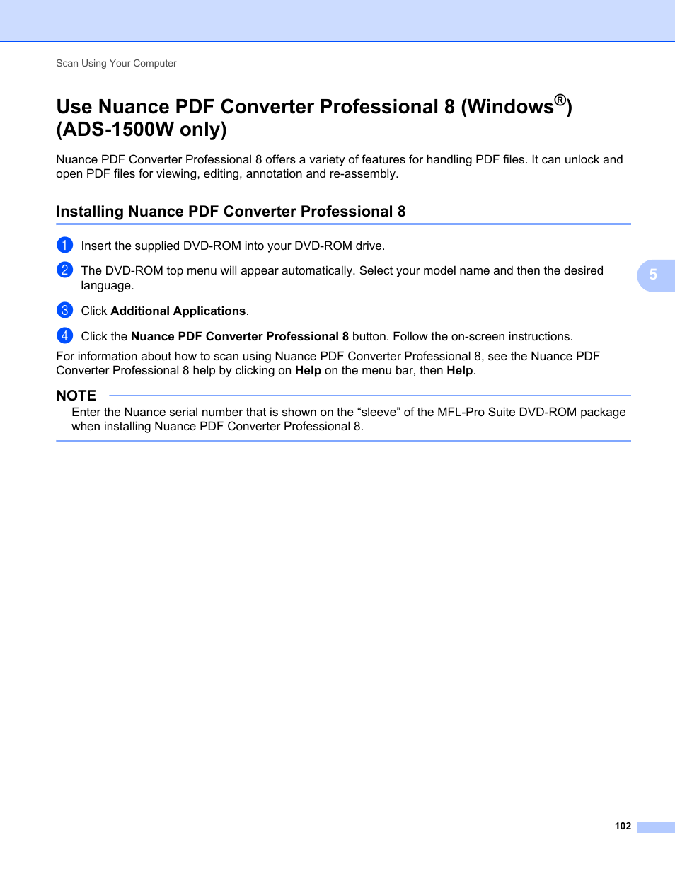 Installing nuance pdf converter professional 8, Use nuance pdf converter professional 8 (windows, Ads-1500w only) | Brother ADS-1000W User Manual | Page 116 / 246