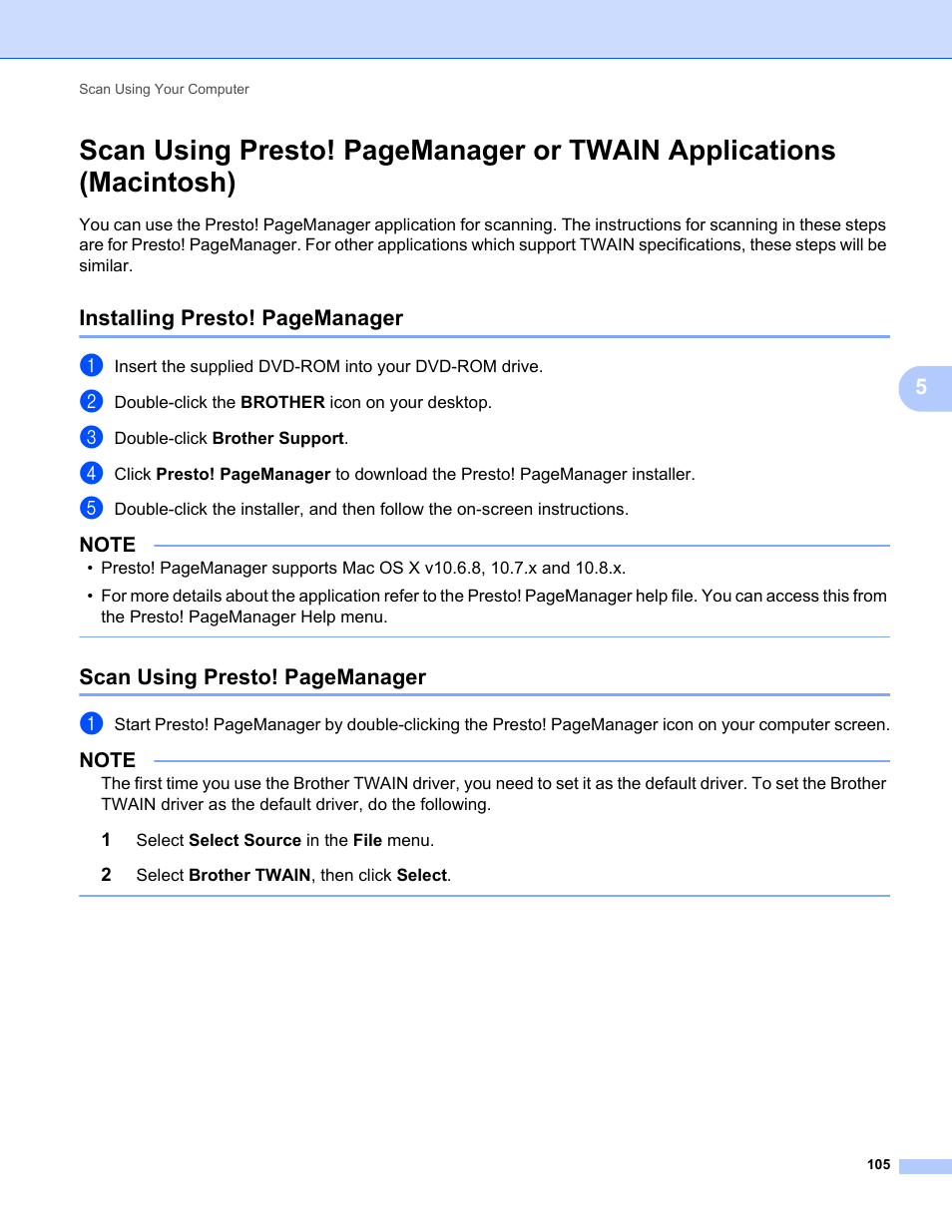 Installing presto! pagemanager, Scan using presto! pagemanager | Brother ADS-1000W User Manual | Page 119 / 246