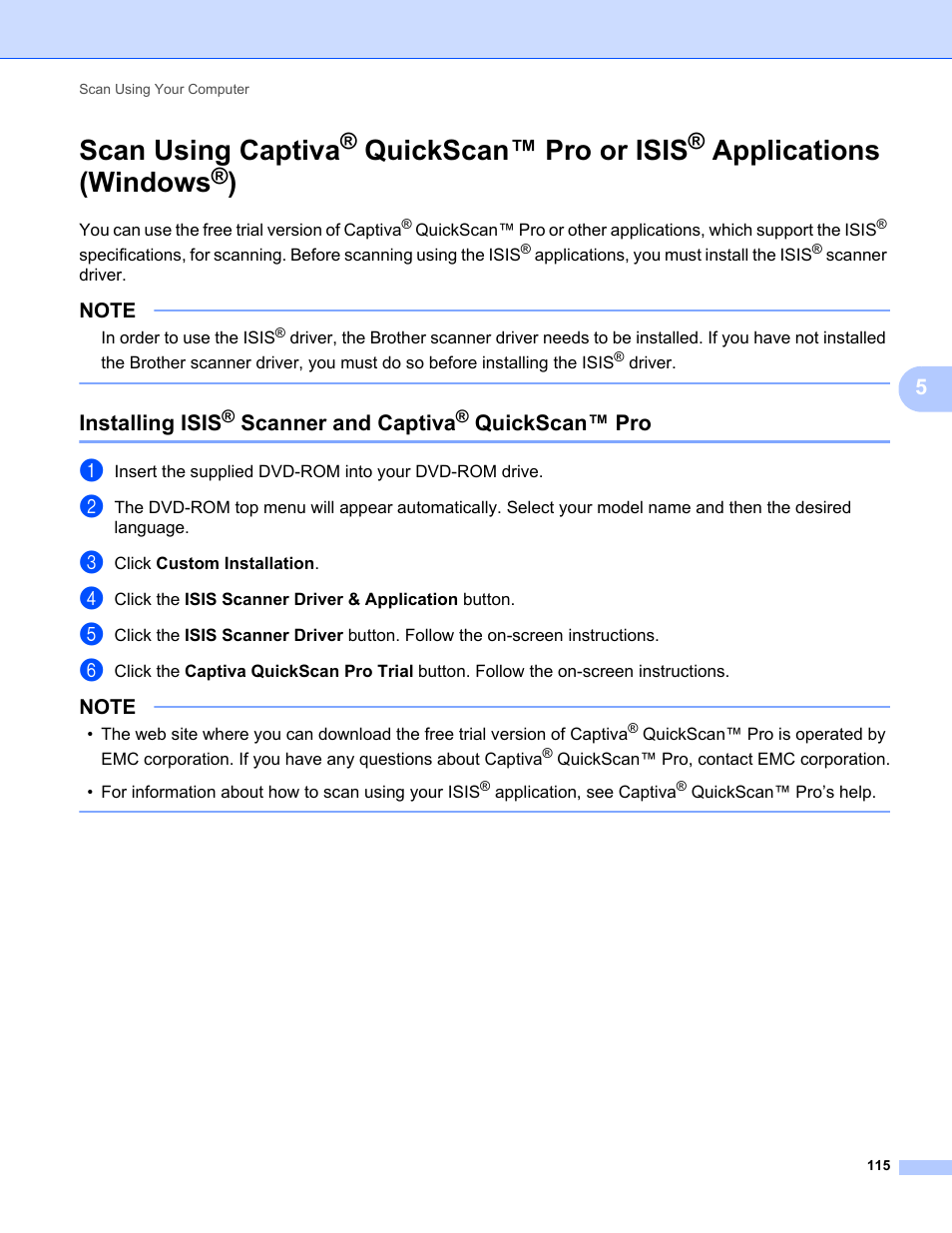 Scan using captiva, Quickscan™ pro or isis, Applications (windows | Installing isis, Scanner and captiva, Quickscan™ pro | Brother ADS-1000W User Manual | Page 129 / 246