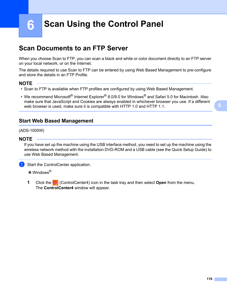 6 scan using the control panel, Scan documents to an ftp server, Start web based management | Scan using the control panel | Brother ADS-1000W User Manual | Page 130 / 246