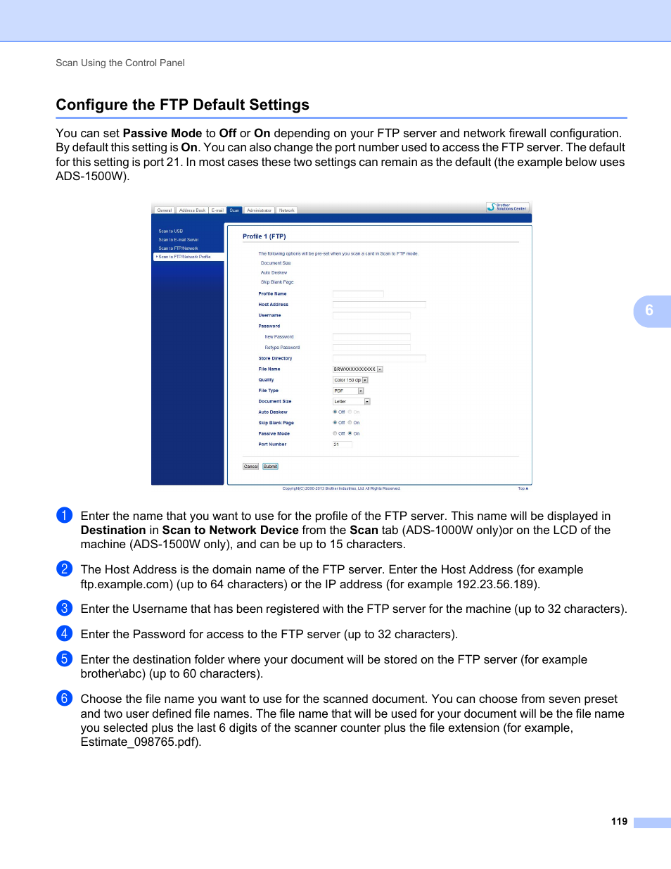 Configure the ftp default settings | Brother ADS-1000W User Manual | Page 133 / 246