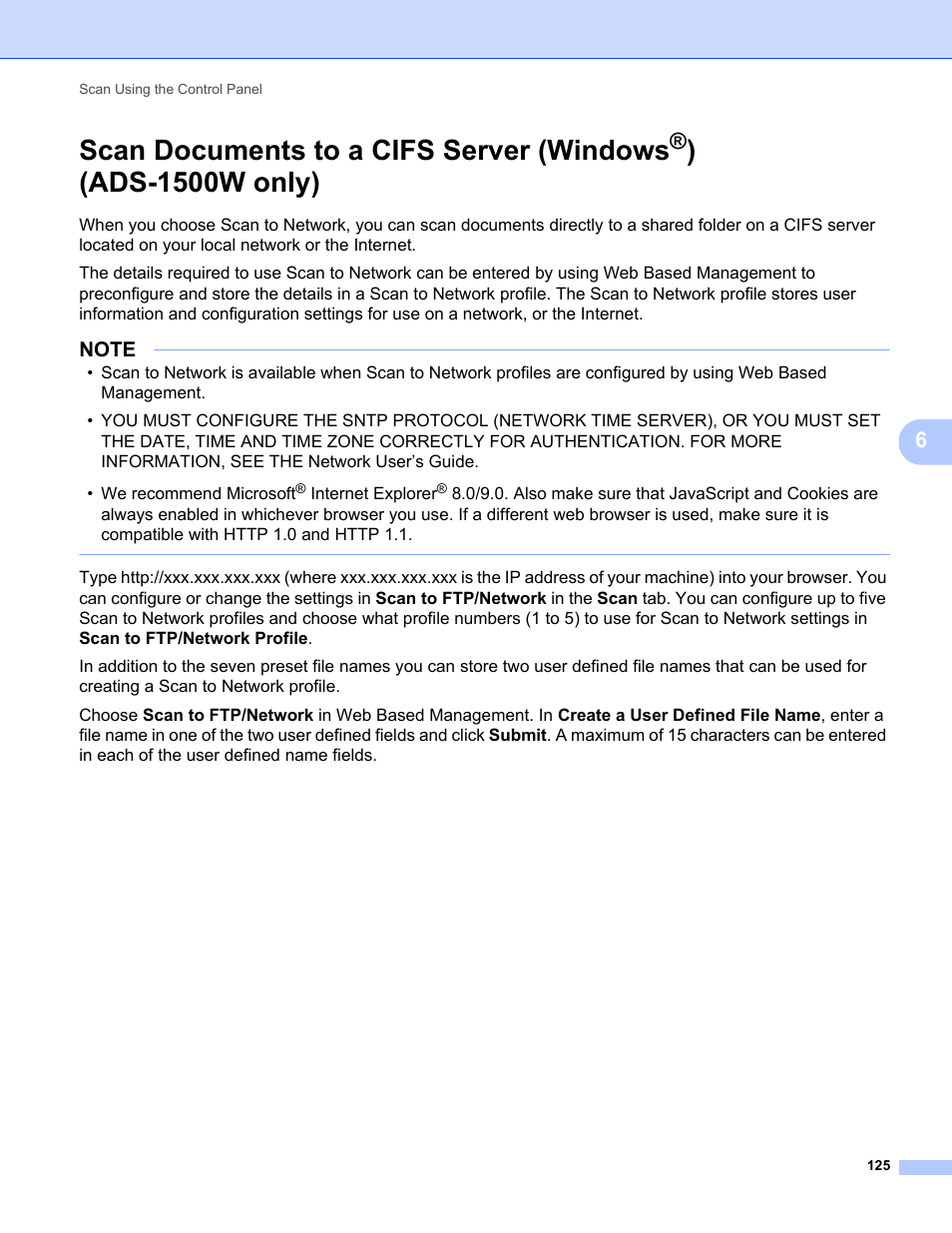 Scan documents to a cifs server (windows, Ads-1500w only) | Brother ADS-1000W User Manual | Page 139 / 246