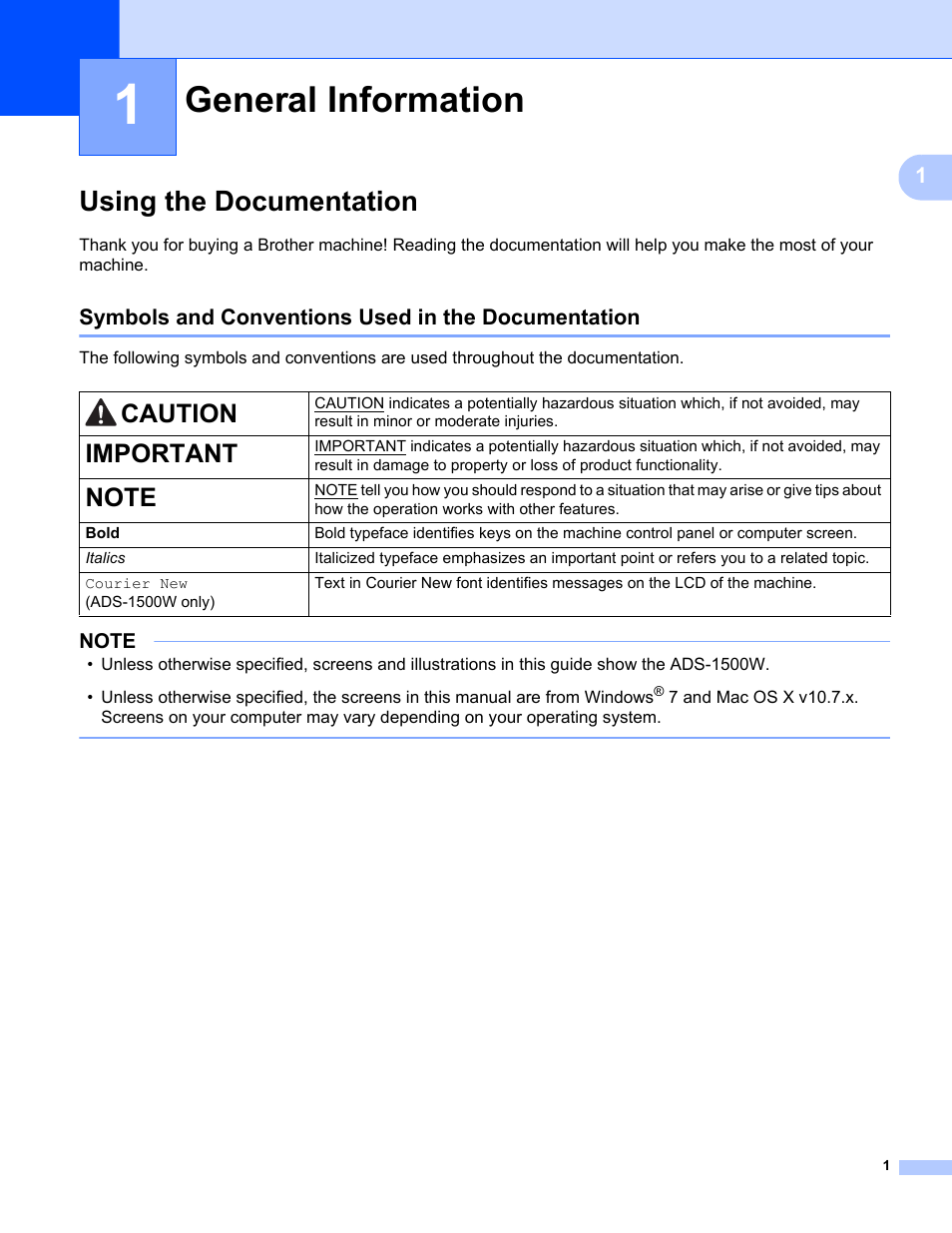 1 general information, Using the documentation, Symbols and conventions used in the documentation | General information, Caution, Important | Brother ADS-1000W User Manual | Page 15 / 246