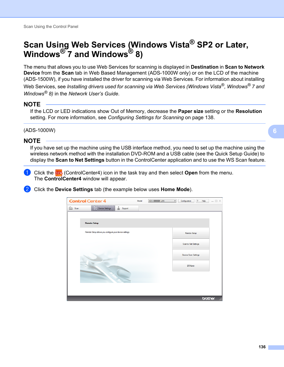 Scan using web services (windows vista, Sp2 or later, Windows | 7 and windows, Sp2 or later, windows | Brother ADS-1000W User Manual | Page 150 / 246