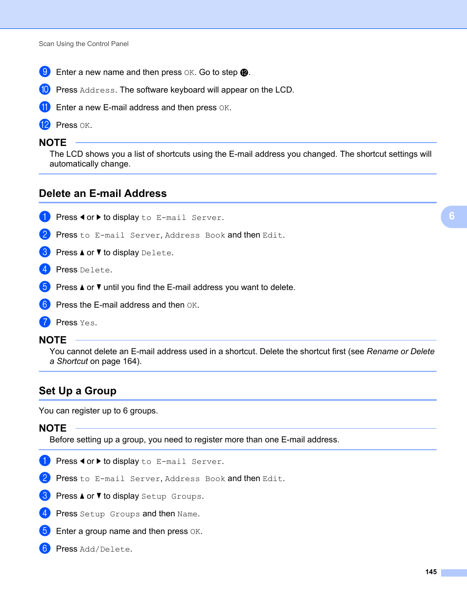 Delete an e-mail address, Set up a group, Delete an e-mail address set up a group | Brother ADS-1000W User Manual | Page 159 / 246