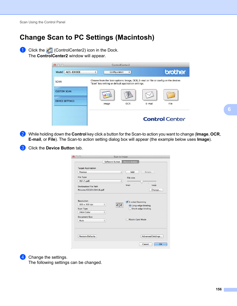 Change scan to pc settings (macintosh), Or change, Change | Brother ADS-1000W User Manual | Page 170 / 246