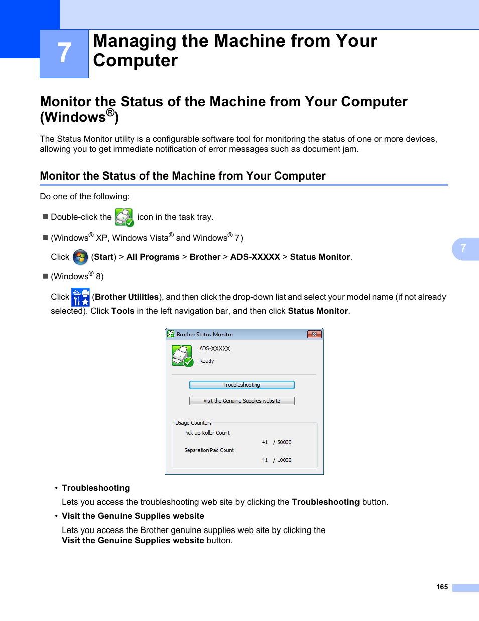 7 managing the machine from your computer, Managing the machine from your computer | Brother ADS-1000W User Manual | Page 179 / 246