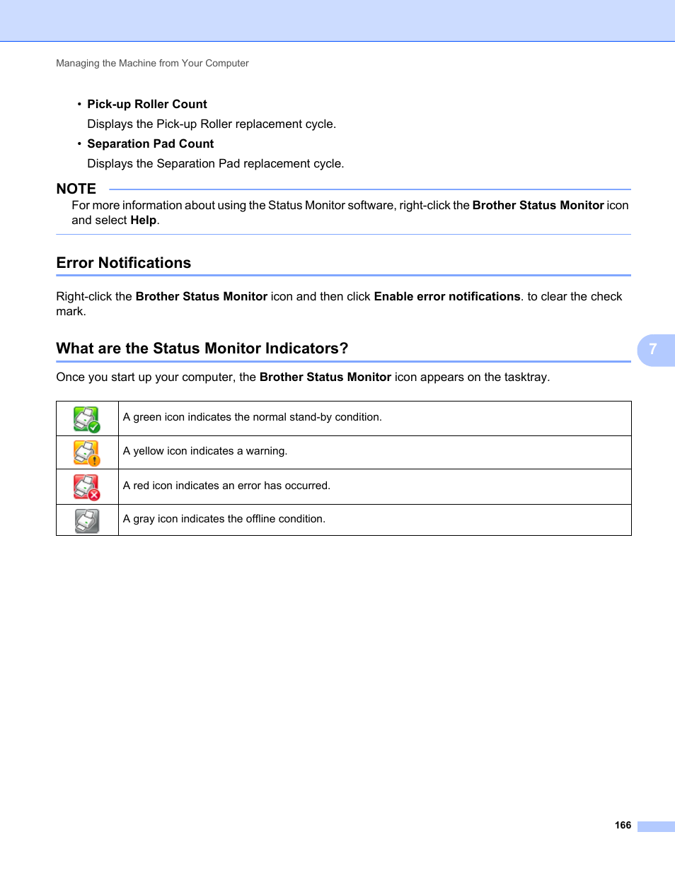 Error notifications, What are the status monitor indicators | Brother ADS-1000W User Manual | Page 180 / 246