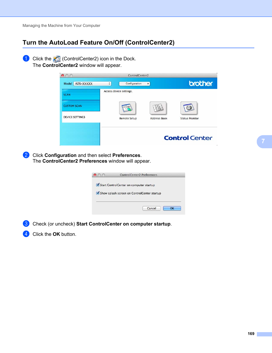 Turn the autoload feature on/off (controlcenter2), 7turn the autoload feature on/off (controlcenter2) | Brother ADS-1000W User Manual | Page 183 / 246