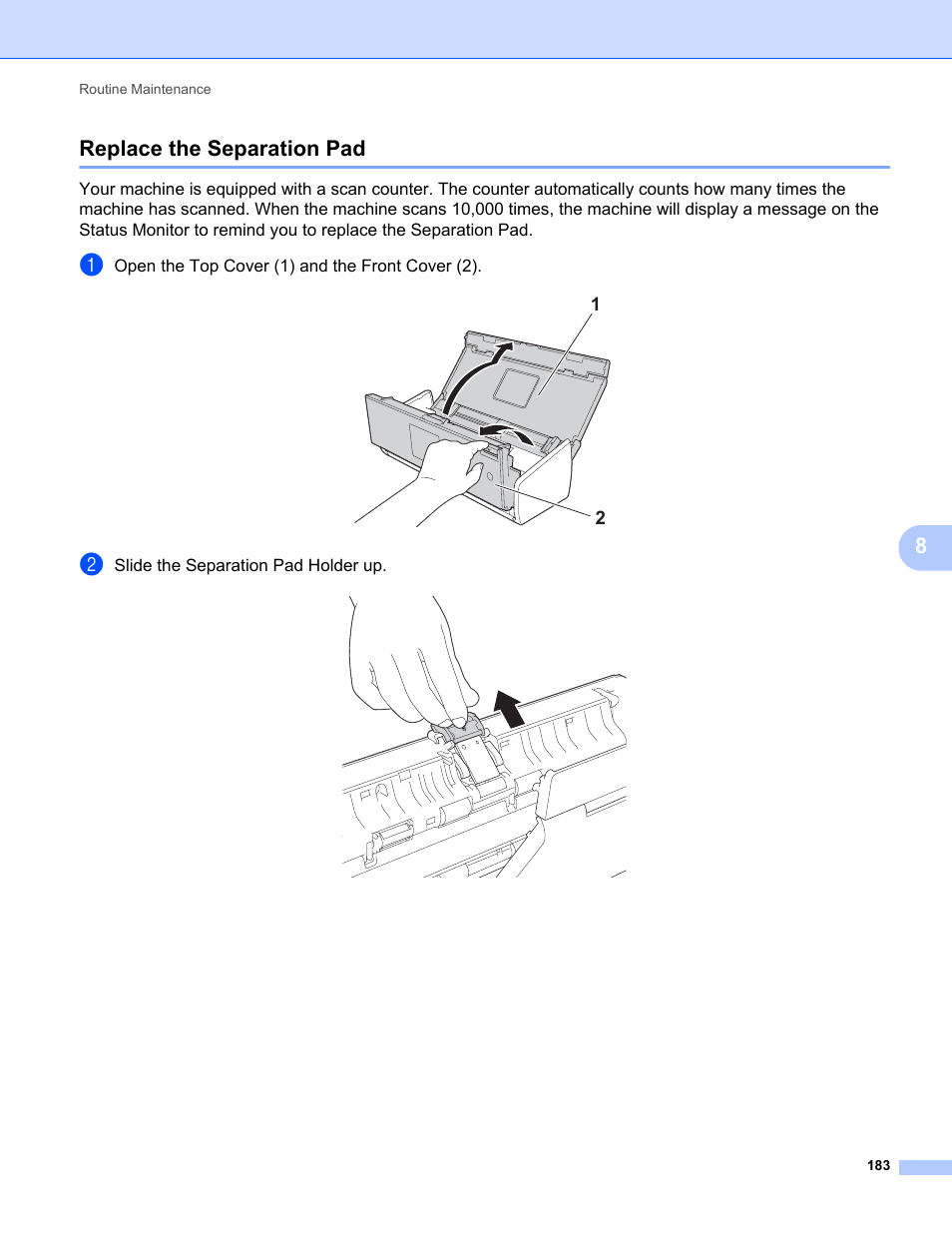 Replace the separation pad, 8replace the separation pad | Brother ADS-1000W User Manual | Page 197 / 246