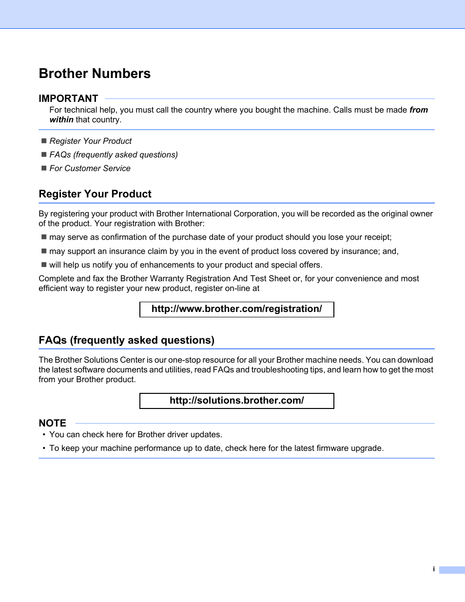 Brother numbers, Register your product, Faqs (frequently asked questions) | Important | Brother ADS-1000W User Manual | Page 2 / 246