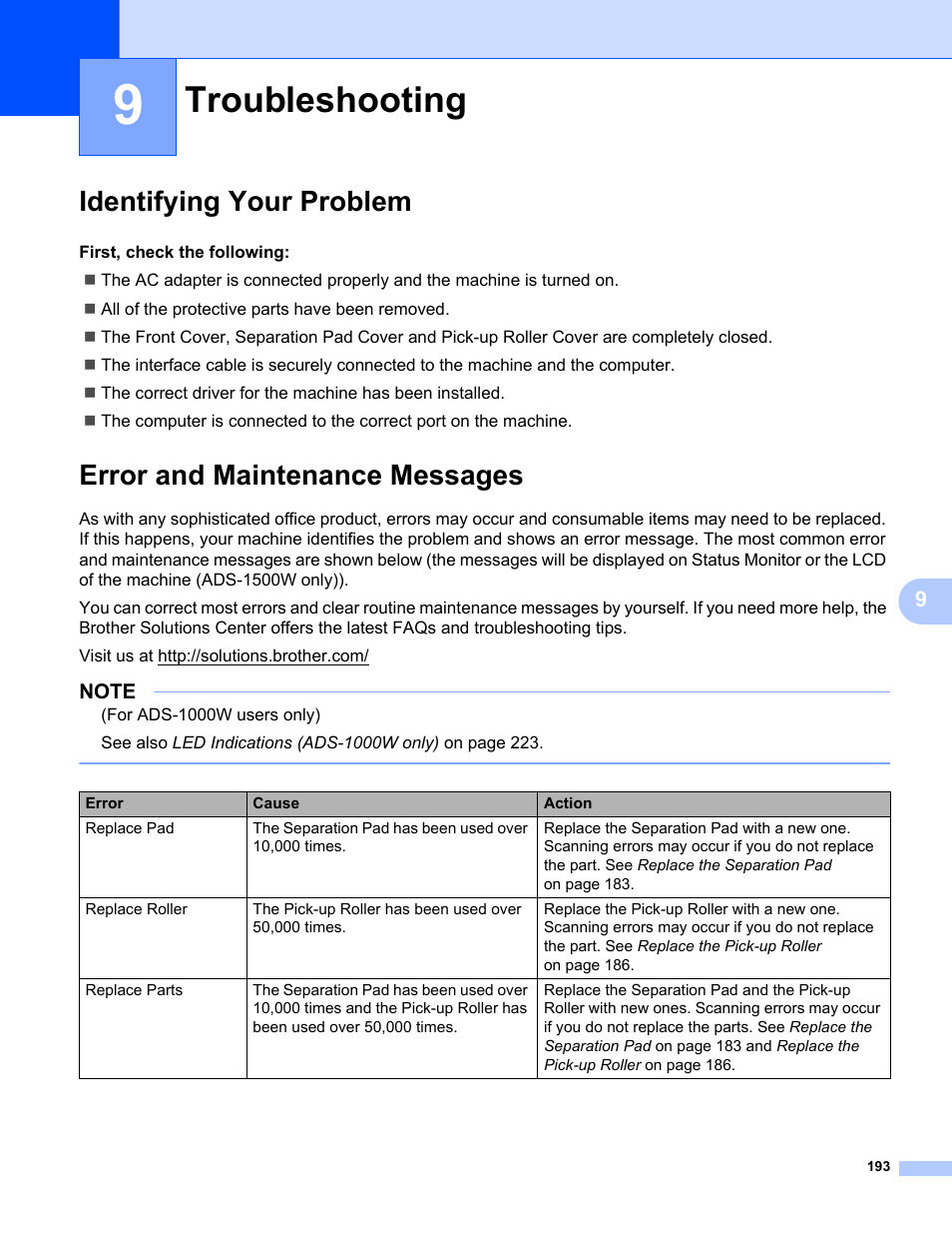 9 troubleshooting, Identifying your problem, Error and maintenance messages | Troubleshooting | Brother ADS-1000W User Manual | Page 207 / 246