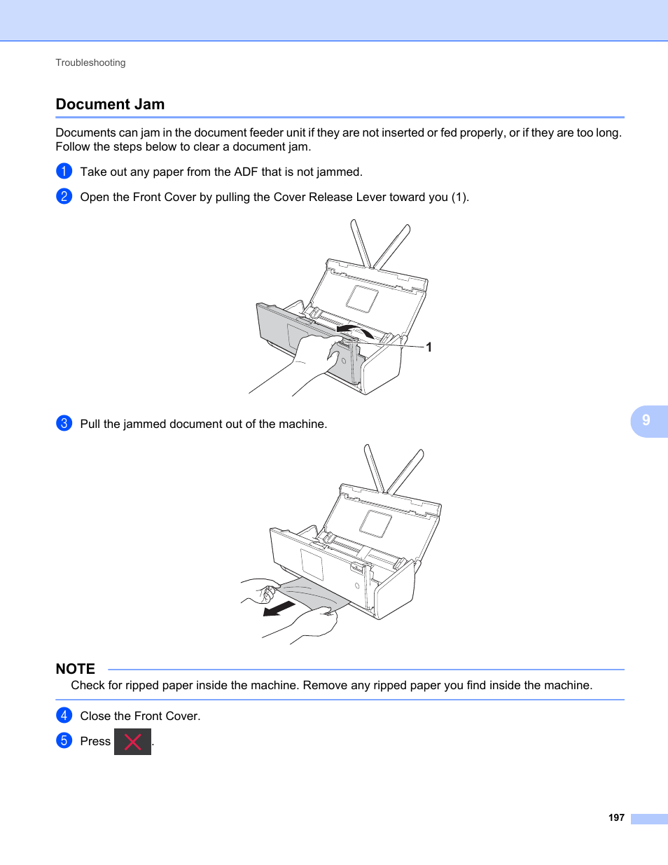 Document jam, 9document jam | Brother ADS-1000W User Manual | Page 211 / 246