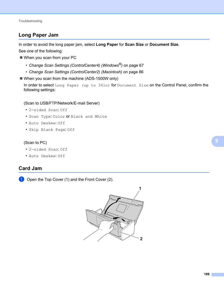 Long paper jam, Card jam, Long paper jam card jam | 9long paper jam | Brother ADS-1000W User Manual | Page 213 / 246