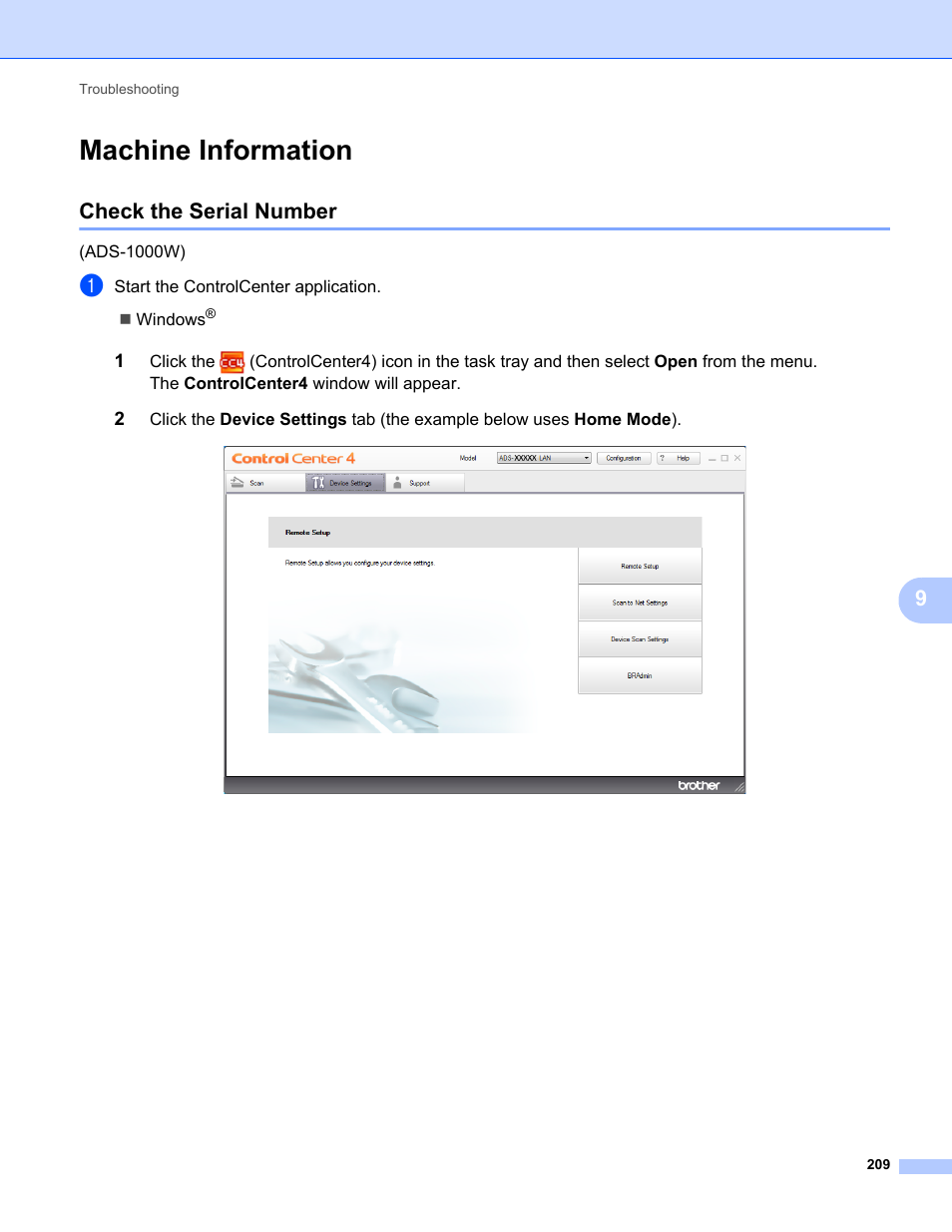 Machine information, Check the serial number | Brother ADS-1000W User Manual | Page 223 / 246