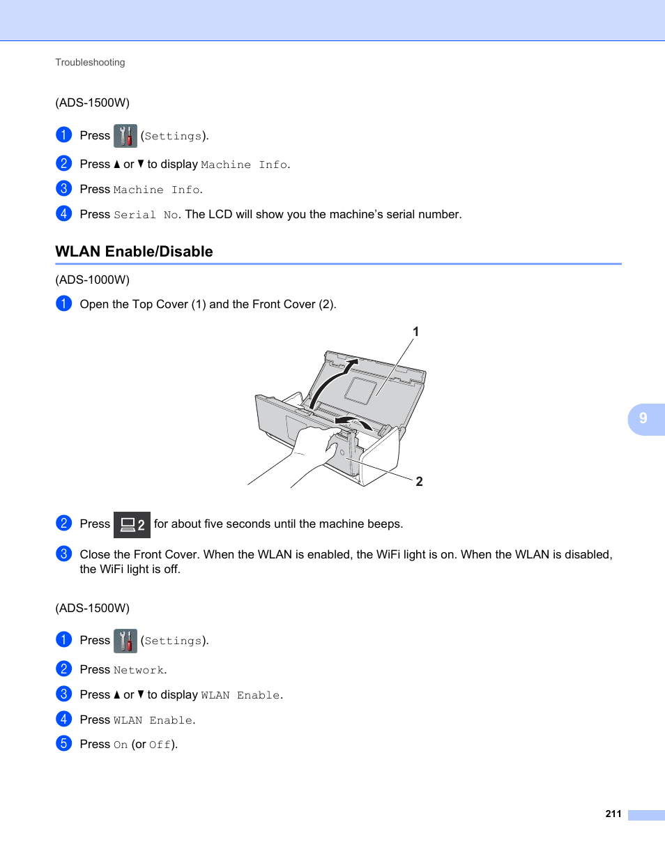 Wlan enable/disable | Brother ADS-1000W User Manual | Page 225 / 246
