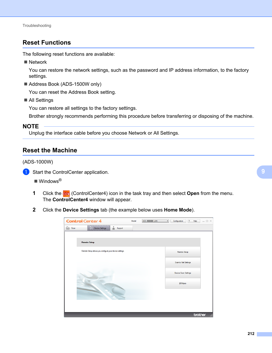 Reset functions, Reset the machine, Reset functions reset the machine | 9reset functions | Brother ADS-1000W User Manual | Page 226 / 246