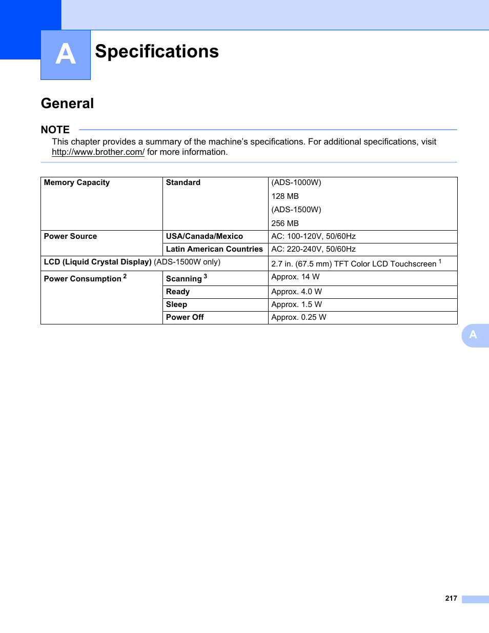 A specifications, General, Specifications | Brother ADS-1000W User Manual | Page 231 / 246