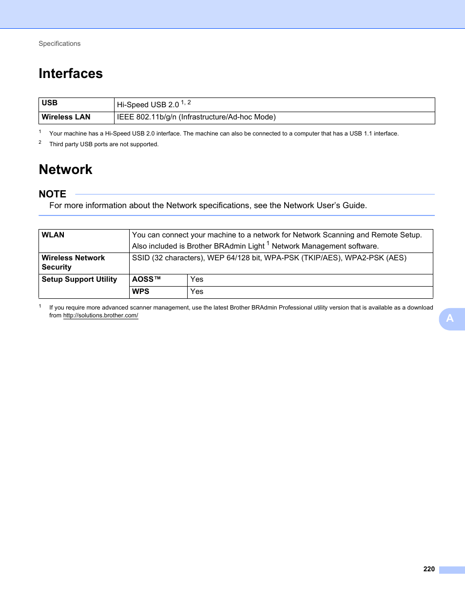 Interfaces, Network, Interfaces network | Brother ADS-1000W User Manual | Page 234 / 246