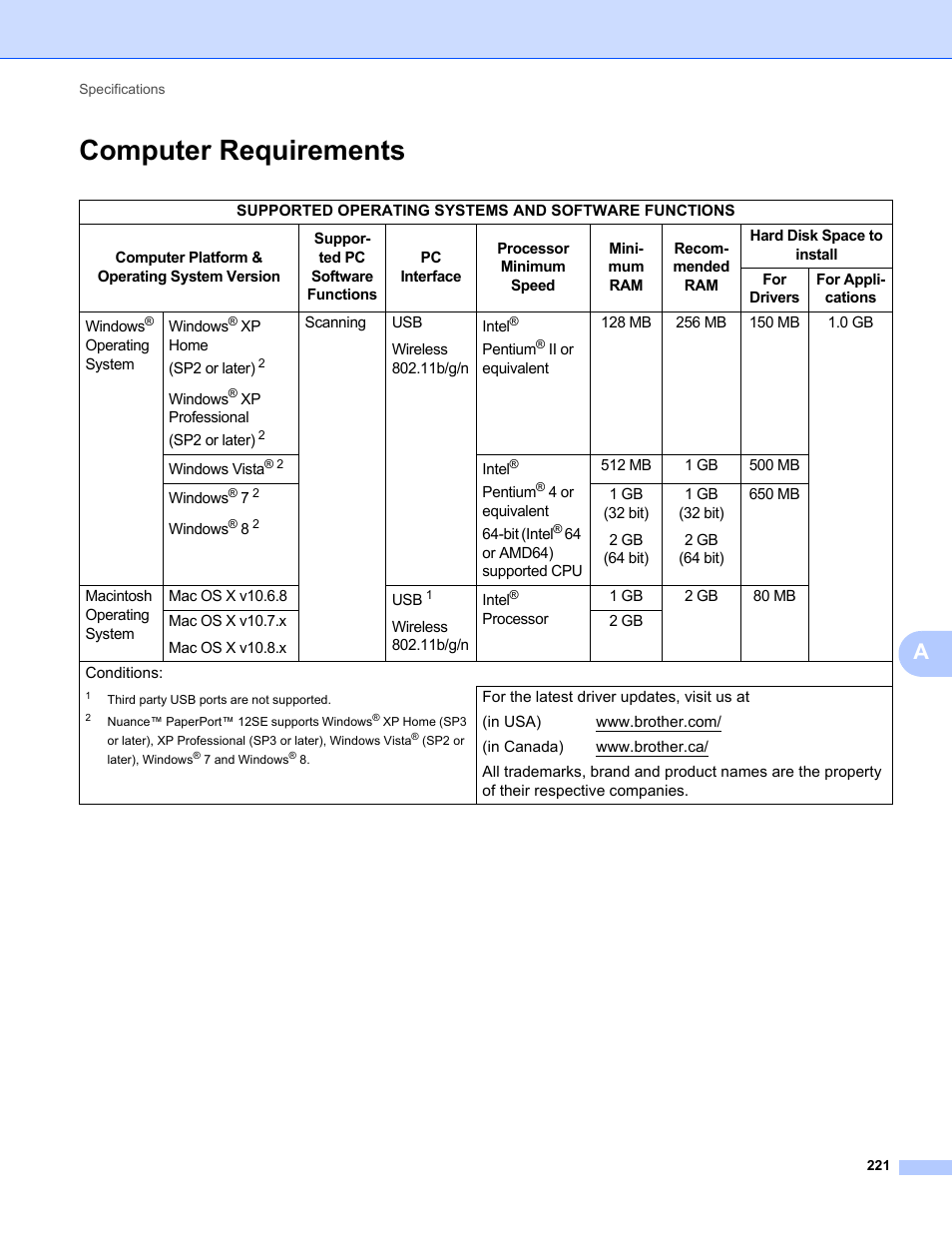 Computer requirements | Brother ADS-1000W User Manual | Page 235 / 246