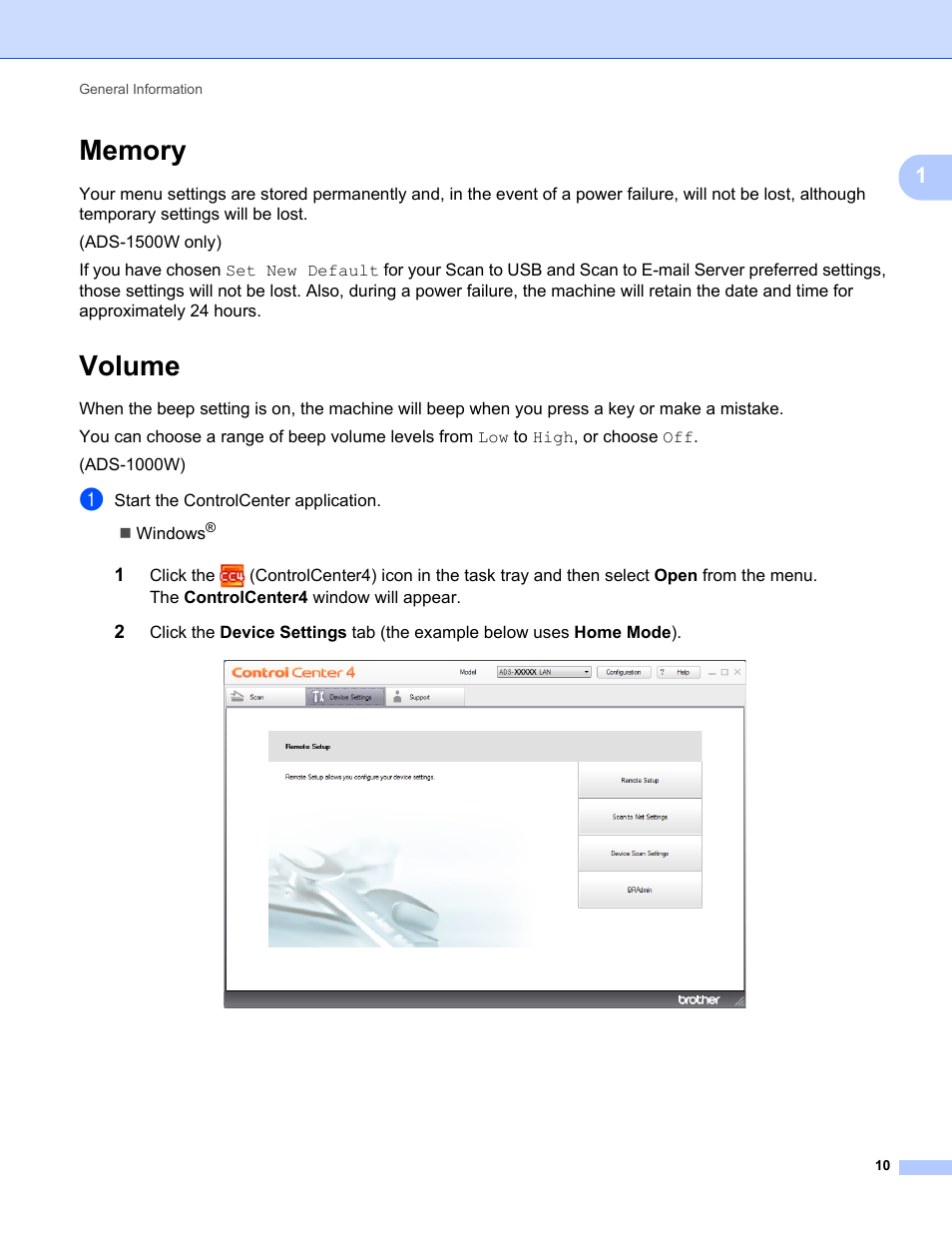 Memory, Volume, Memory volume | Brother ADS-1000W User Manual | Page 24 / 246
